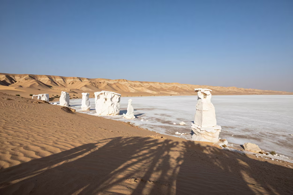 Tufa Towers on Desert Salt Lake Ridge in from a ridge above layered foothills near Riyadh