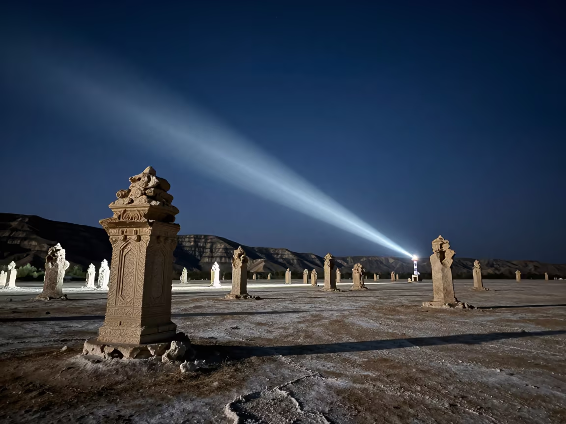 Tufa Towers Under Night Lighthouse Light Rajasthan in from a ridge above layered foothills in Rajasthan