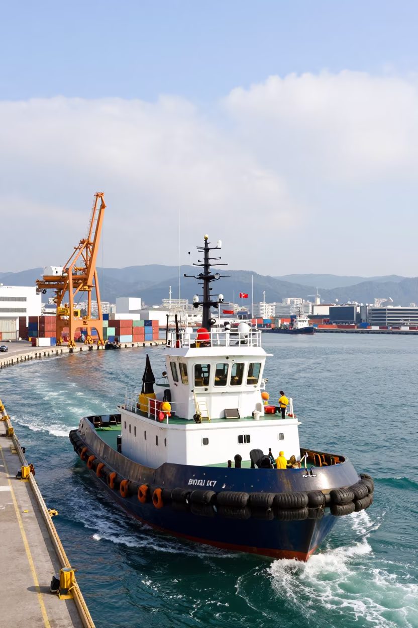 Tugboat Approach Fukuoka Harbor Morning Light in along a switchback approach near Fukuoka