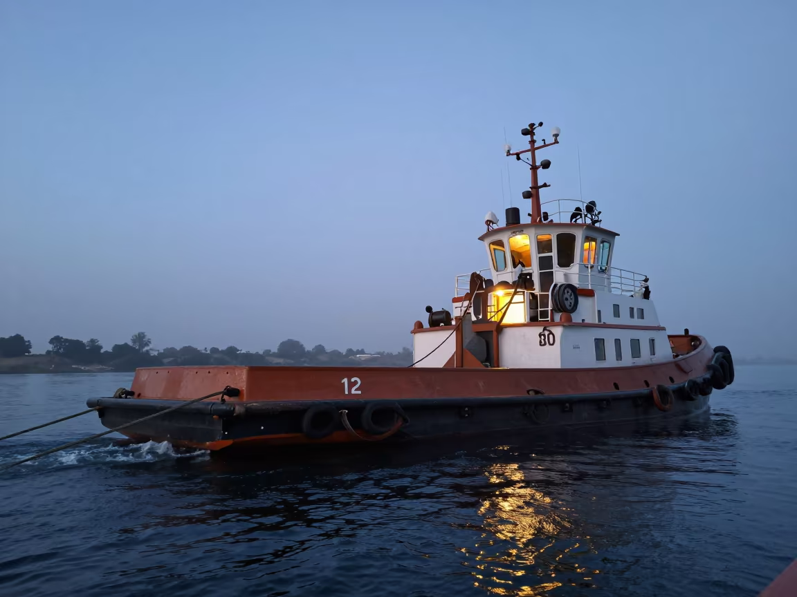 Tugboat Pushing Garbage Barge Blue Hour in in Sudan