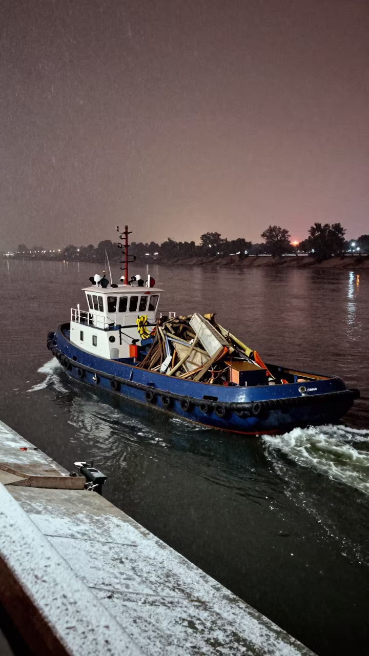 Tugboat Pushing Garbage Barge on Jhansi Causeway in on a wind-open causeway near Jhansi