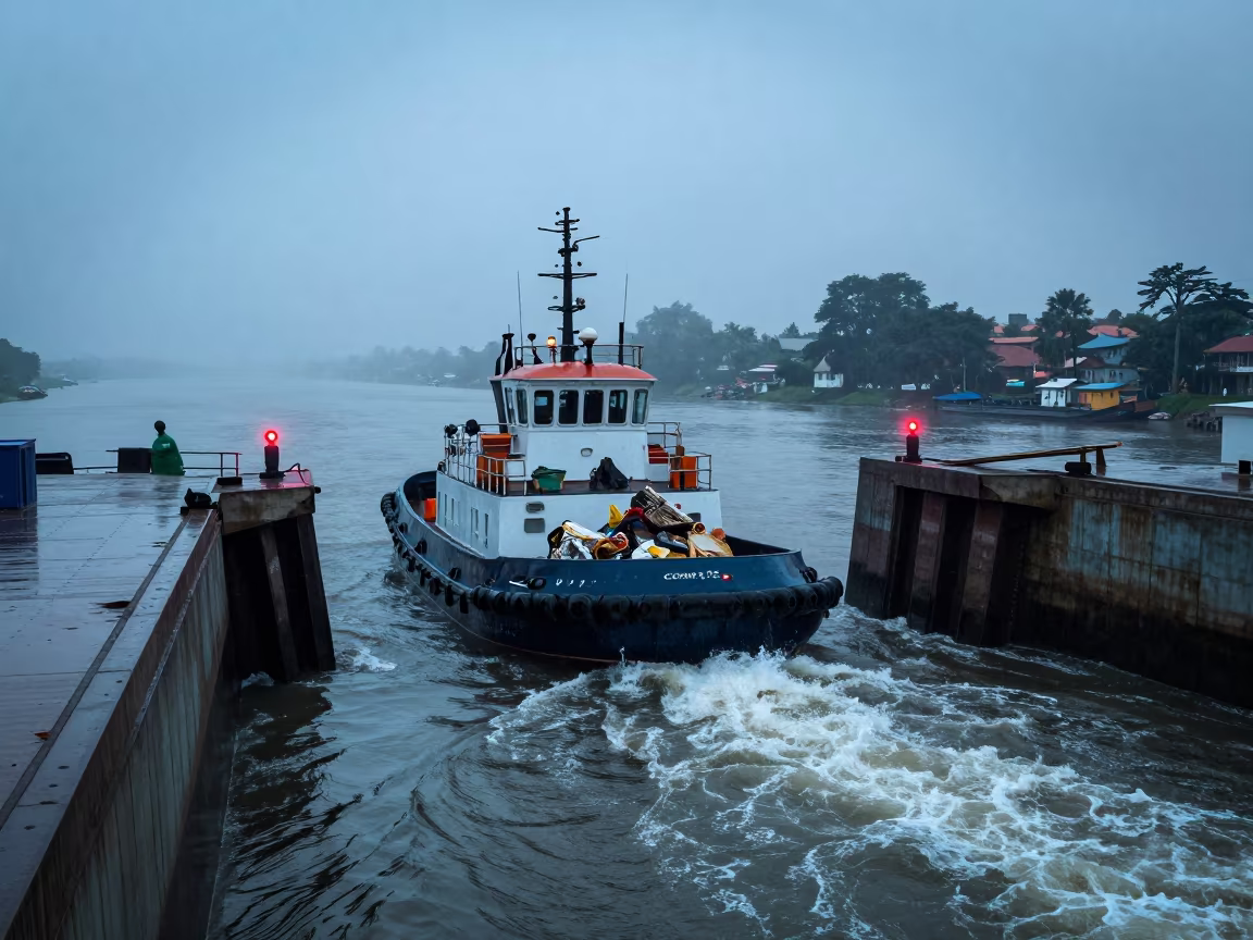 Tugboat Pushing Garbage Barge on Lusaka River in on a wind-open causeway near Lusaka