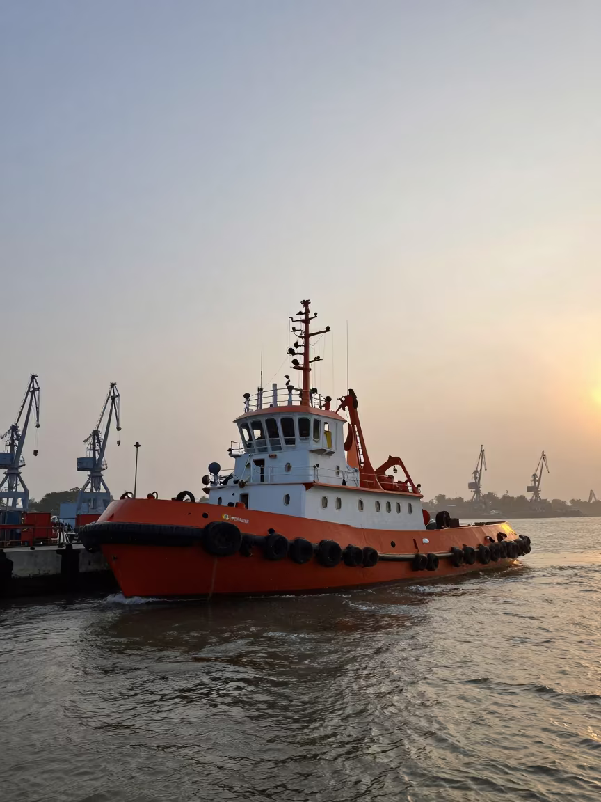 Tugboat at Mumbai Harbor Mouth Sunset in beside a fogbound harbor mouth near Dadar, Mumbai