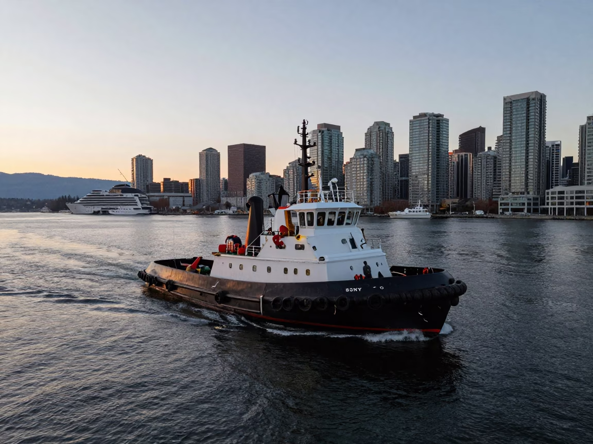 Tugboat navigating busy Vancouver harbor at nautical dawn with city skyline in in Vancouver, British Columbia, Canada