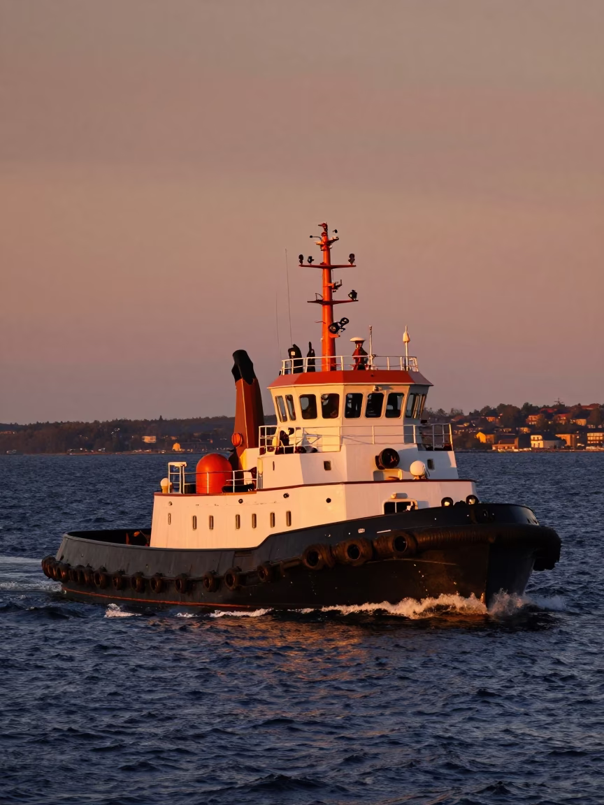 Tugboat Navigating Stockholm Harbor Under Copper-Toned Dusk Light in in Stockholm, Sweden