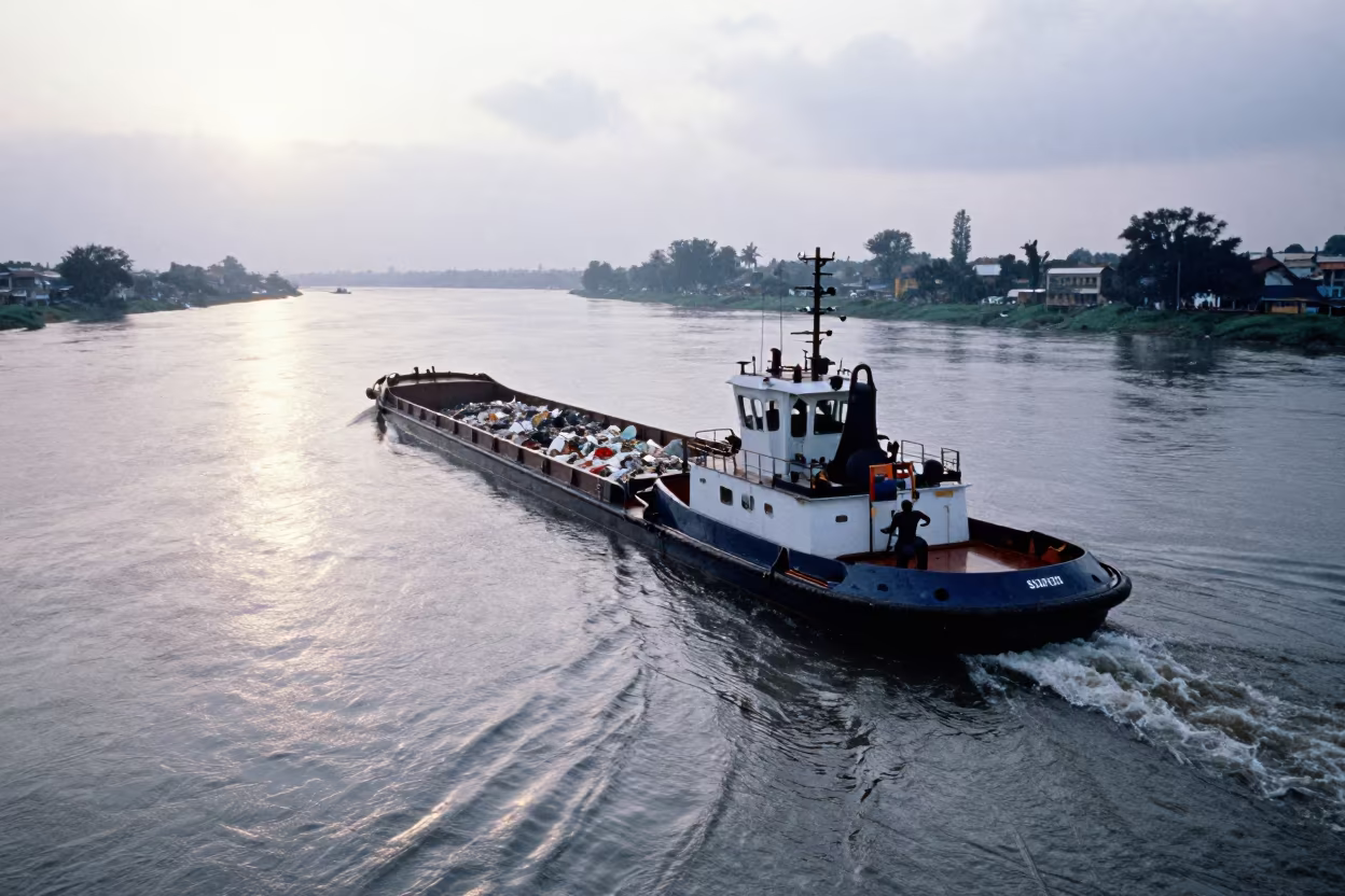 Tugboat Pushing Barge Dawn River in along a switchback approach in Burundi