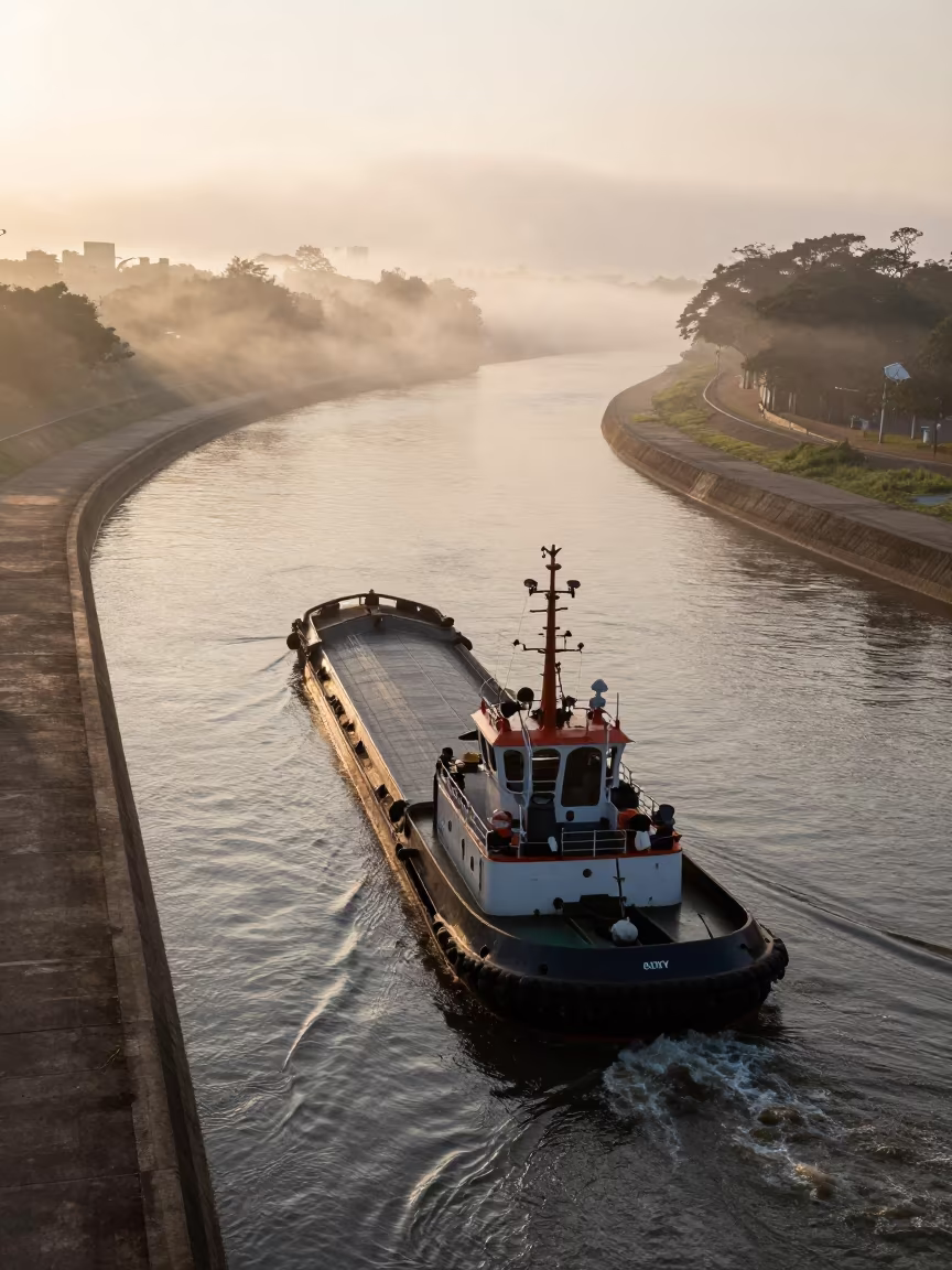 Tugboat Pushing Barge Through Misty River at Sunrise in along a switchback approach near Goiania