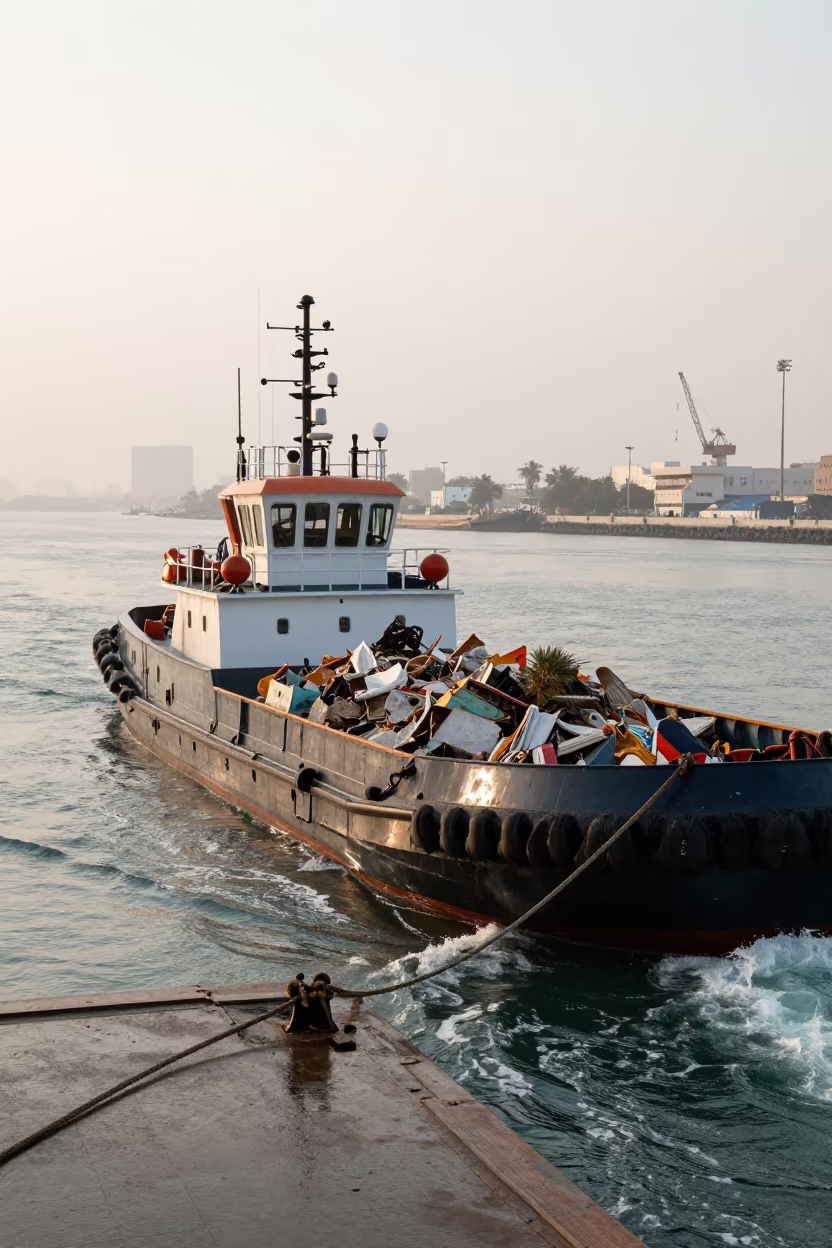 Tugboat Pushing Garbage Barge Through Foggy Harbor in beside a fogbound harbor mouth in Bahrain