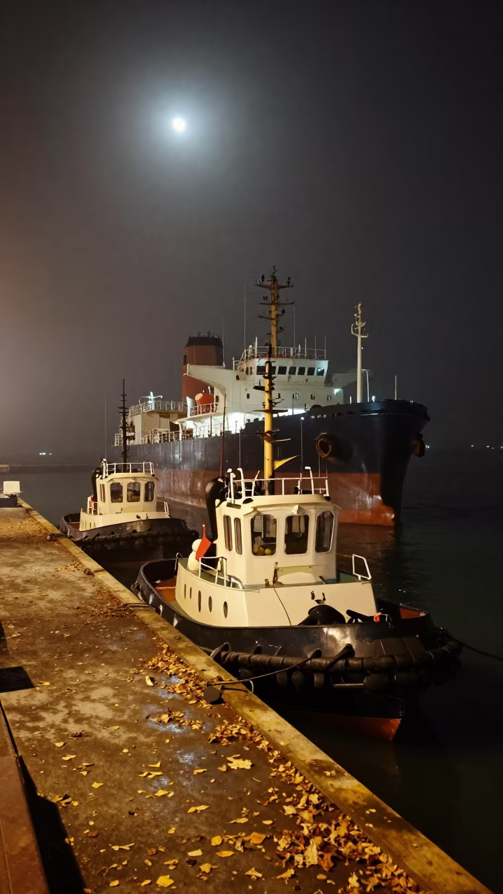 Tugboats Guide Tanker Through Foggy Harbor Night in beside a fogbound harbor mouth in Turkey