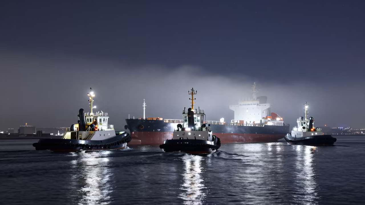Tugboats Guide Tanker Through Foggy Night Harbor in beside a fogbound harbor mouth near Yokohama