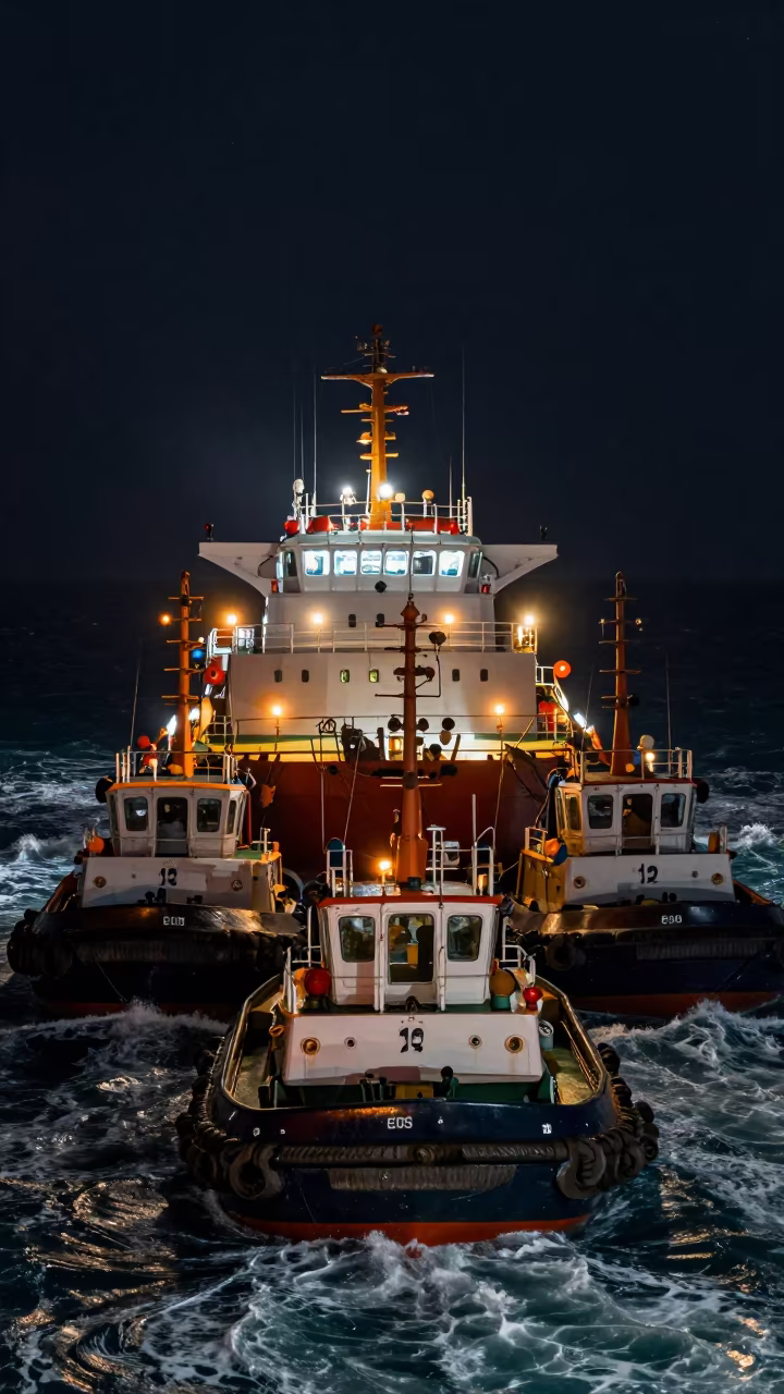 Tugboats Guide Tanker Through Night Waters in near Ras al-Khaimah