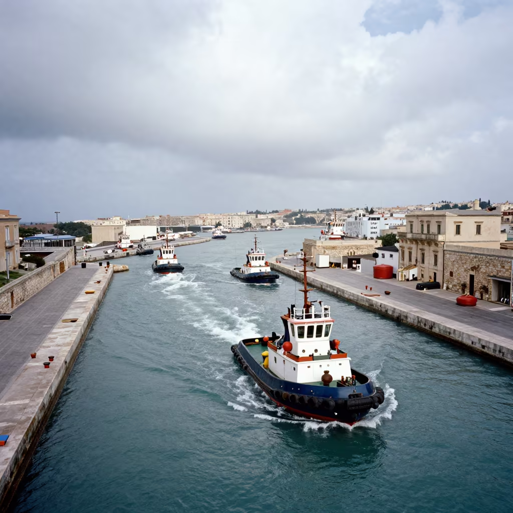 Tugboats Navigate Sicily Harbor Maze in on a wind-open causeway in Sicily