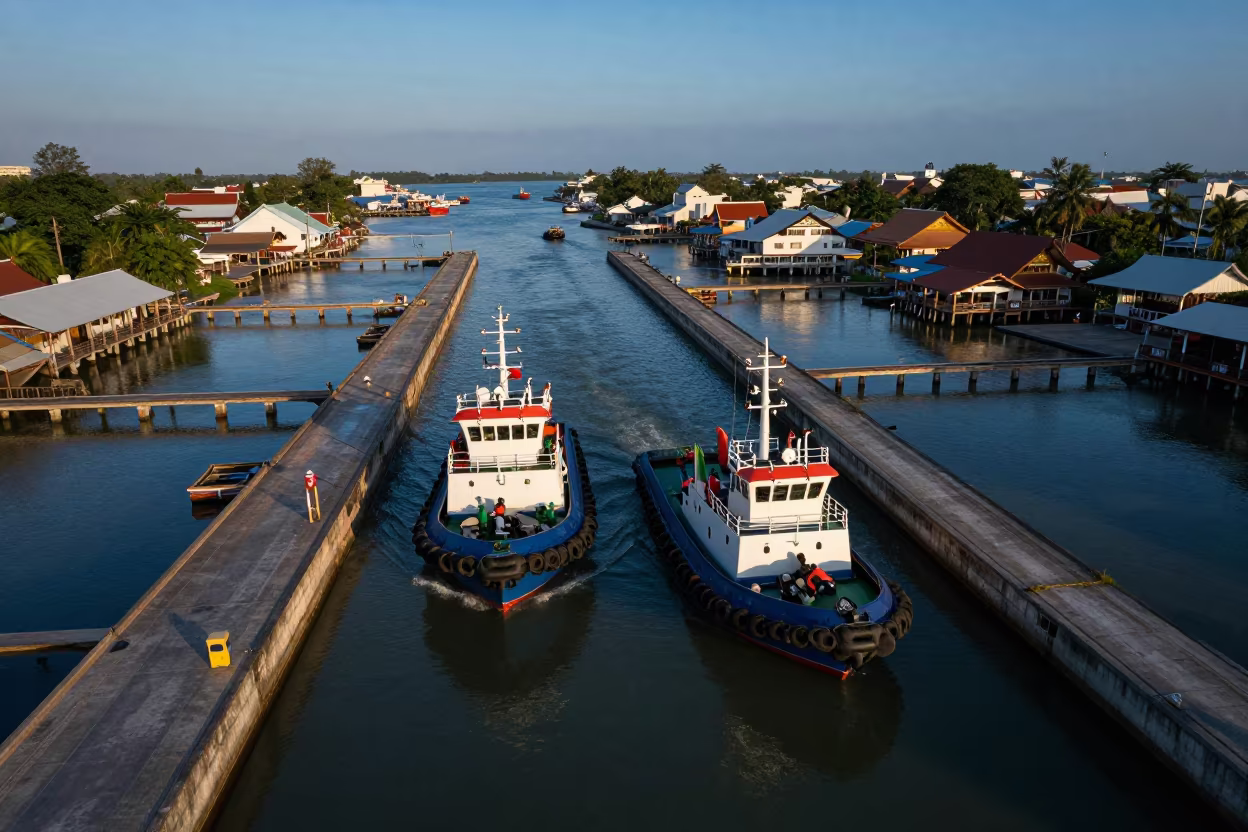Tugboats in Thai Harbor Maze Under Blue Evening Light in across a remote ferry crossing in Thailand