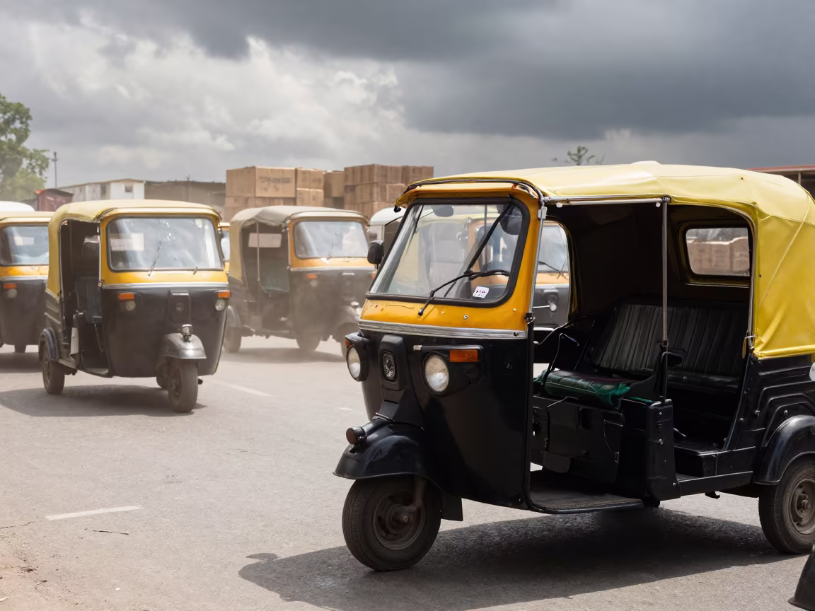 Tuk Tuk in Delhi Traffic Under Dramatic Clouds in near Delhi