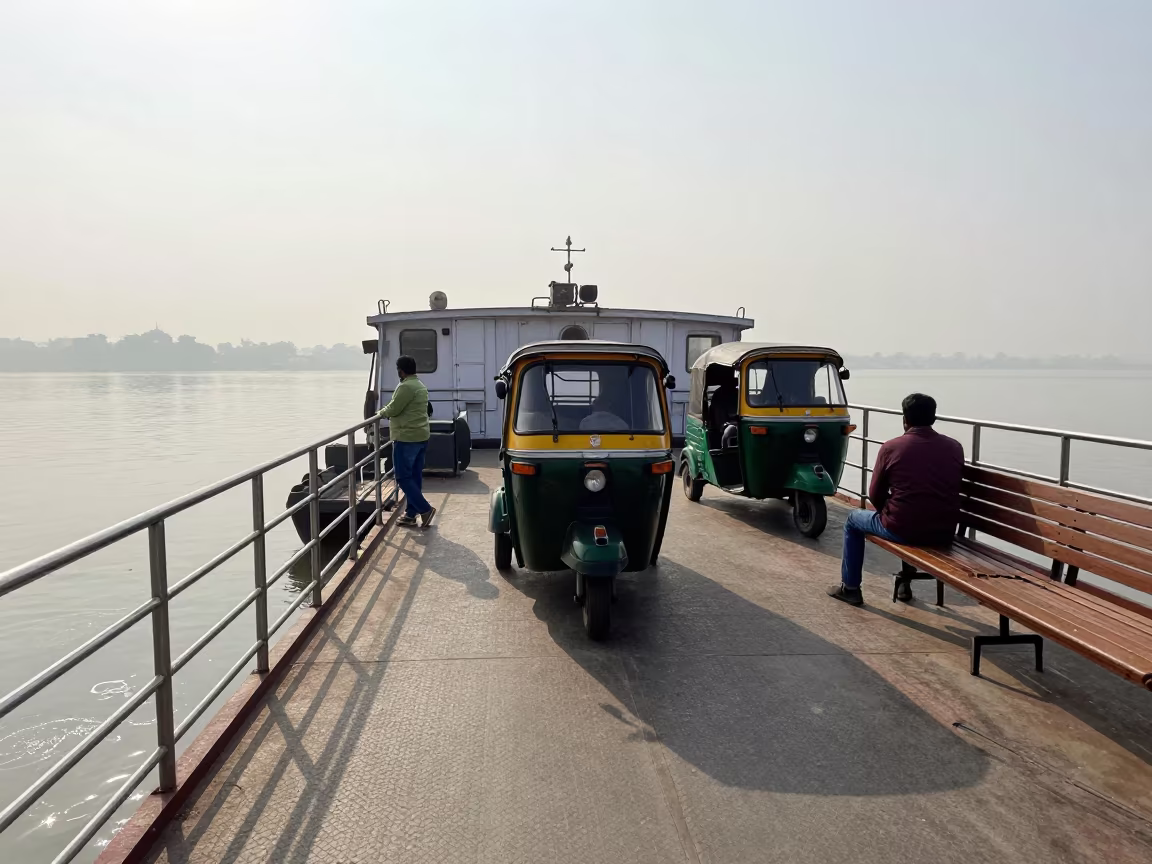 Tuk Tuk on Ferry in Delhi Mist in across a remote ferry crossing near Chandni Chowk, Delhi