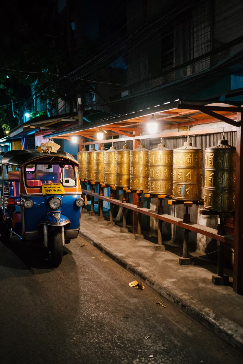 Tuk-Tuk Under Tungsten Light Beside Prayer Wheels in beside a prayer wheel corridor in Talat Noi, Bangkok