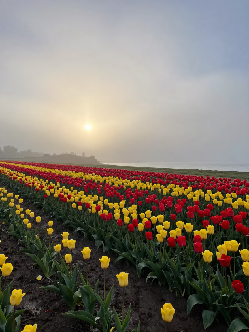 Tulip Fields Along San Francisco Shoreline Mist in along a wave-cut shoreline near Mission, San Francisco