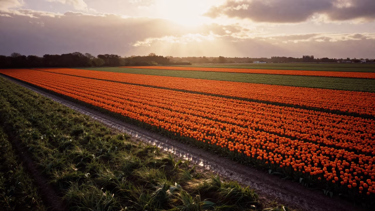 Tulip Fields Silhouetted in Evening Light in across a wide valley floor near Chelmsford