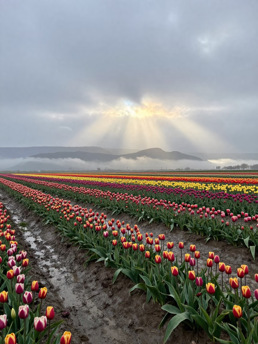 Tulip Fields Sunrise After Rain San Jose in across a floodplain after rain near San Jose