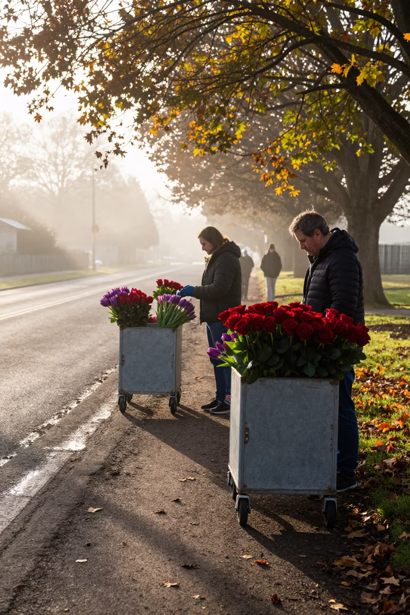 Tulip and Rose Carts in Autumn Fog in at a roadside stop near Temperley