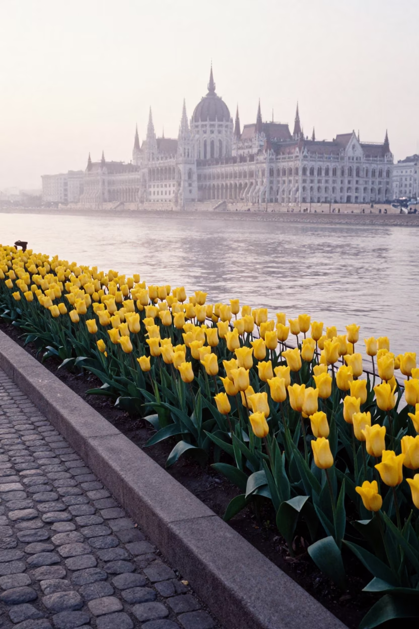 Tulips in Budapest at Nautical Dawn Light in in Budapest, Hungary