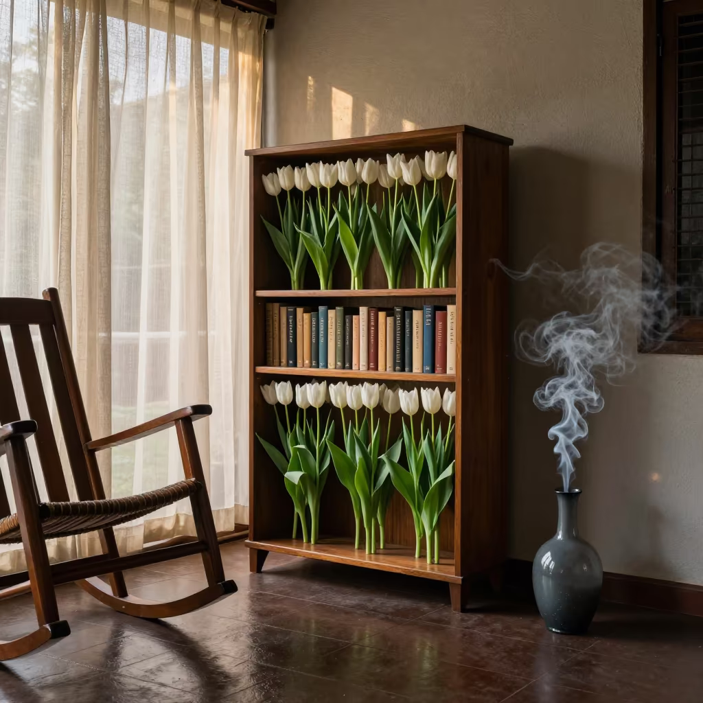 Tulips and Smoke on Porch in on a porch with a rocking chair in Mbuji-Mayi
