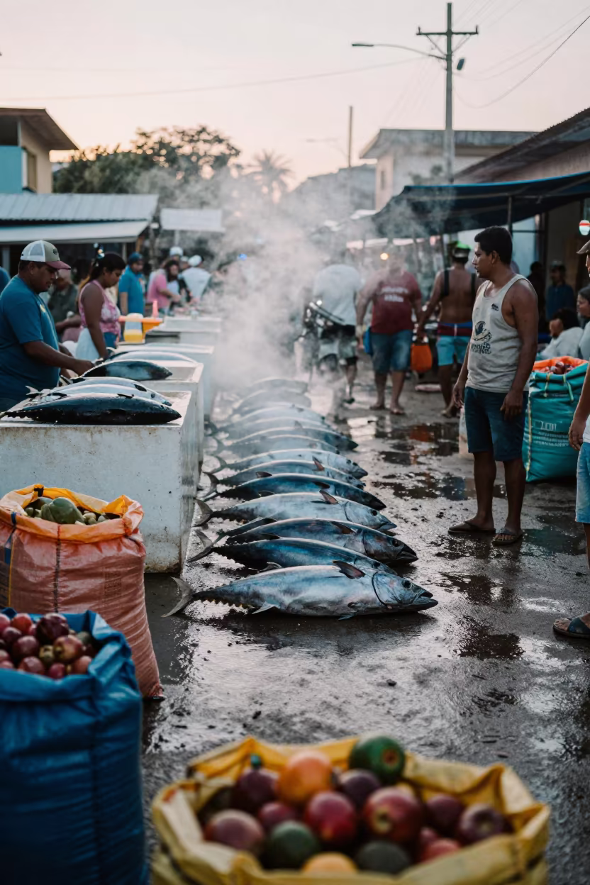 Tuna Auction Dawn Market Merida Venezuela in beside a fish counter in Merida Venezuela