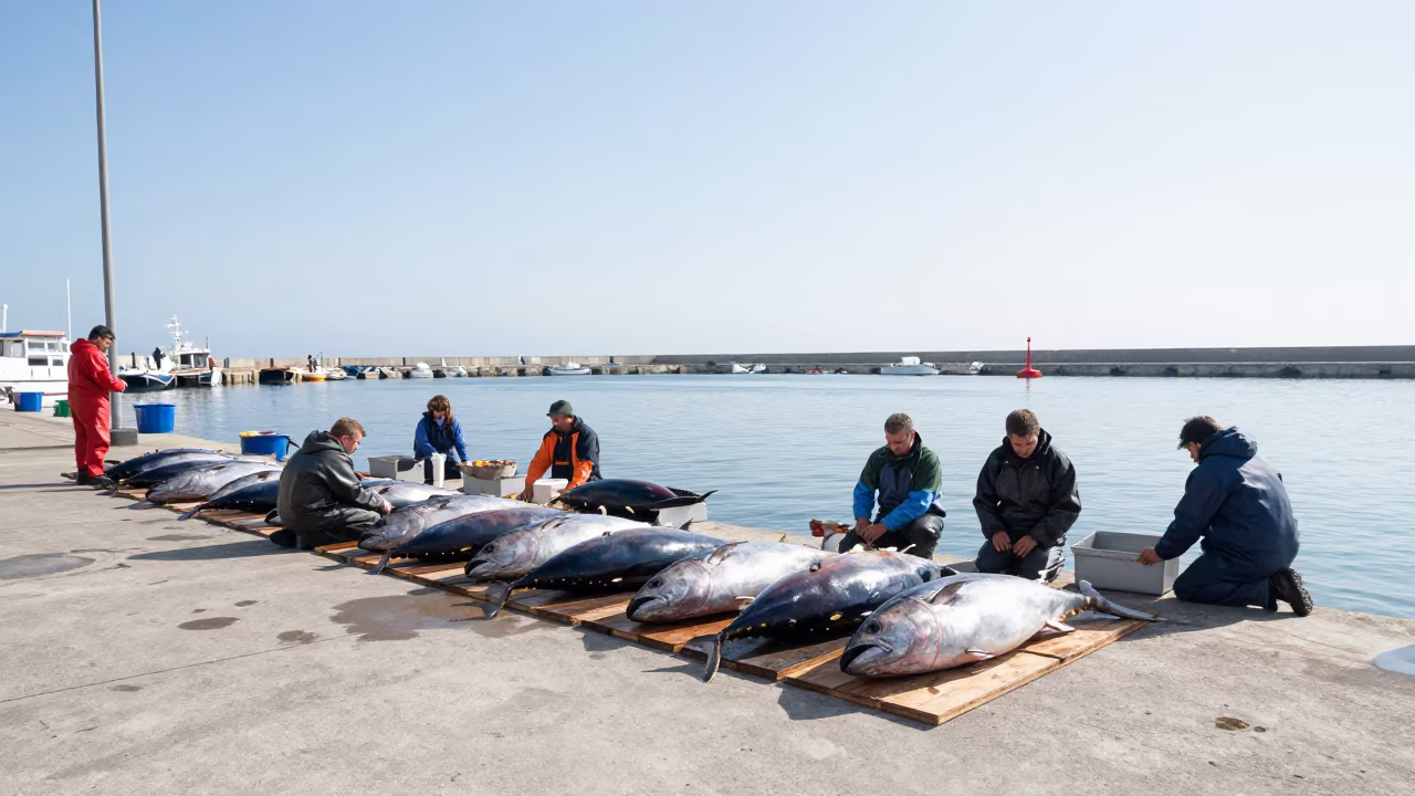 Tuna Auction at Xixón Harbor Noon in at a harbor quay near Xixón