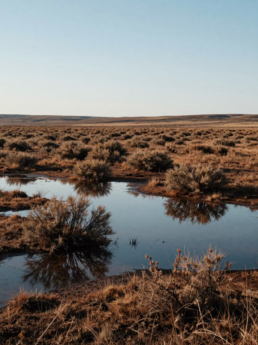 Tundra Valley Shrub Reflections Late Afternoon in across a wide valley floor near Jinan