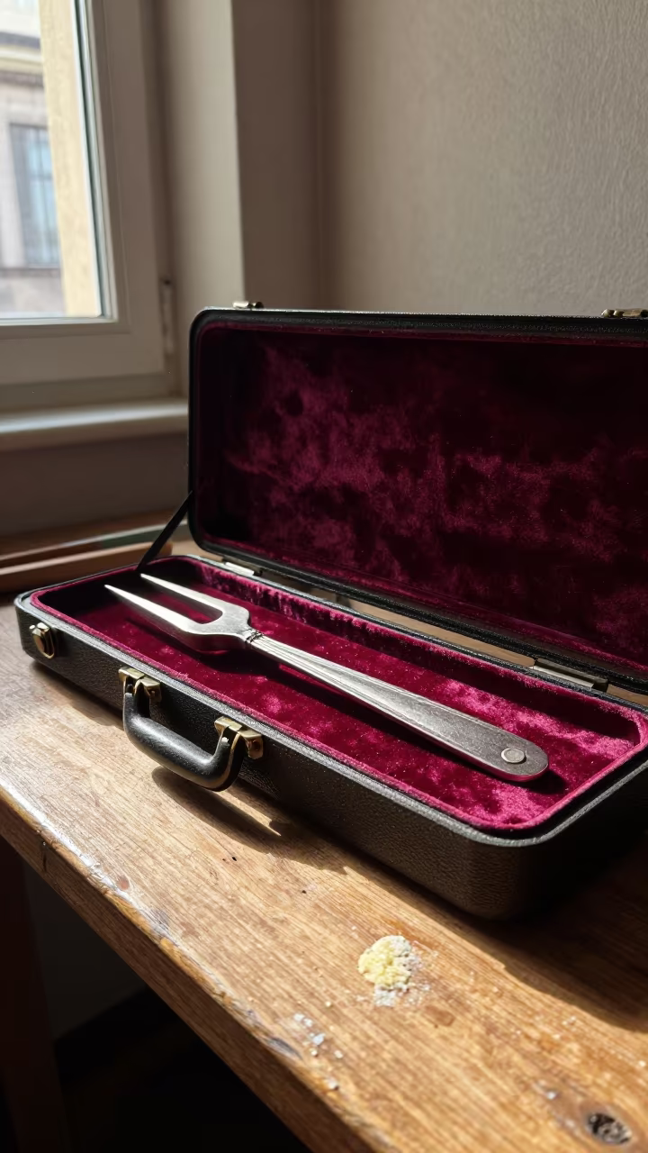 Tuning Fork on Velvet Case in Rome Workshop in on a wooden workbench in Centro Storico, Rome