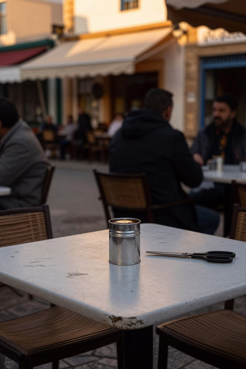 Tunis Cafe Terrace Evening Scene with Scratched Table and Coffee Tin in in Tunis, Tunisia