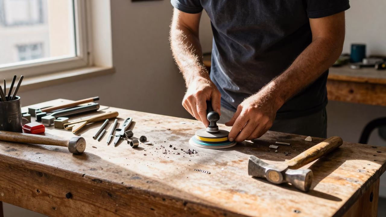 Tunis Craftsman Polishing Metal Tools on Sunlit Workbench in in Tunis, Tunisia