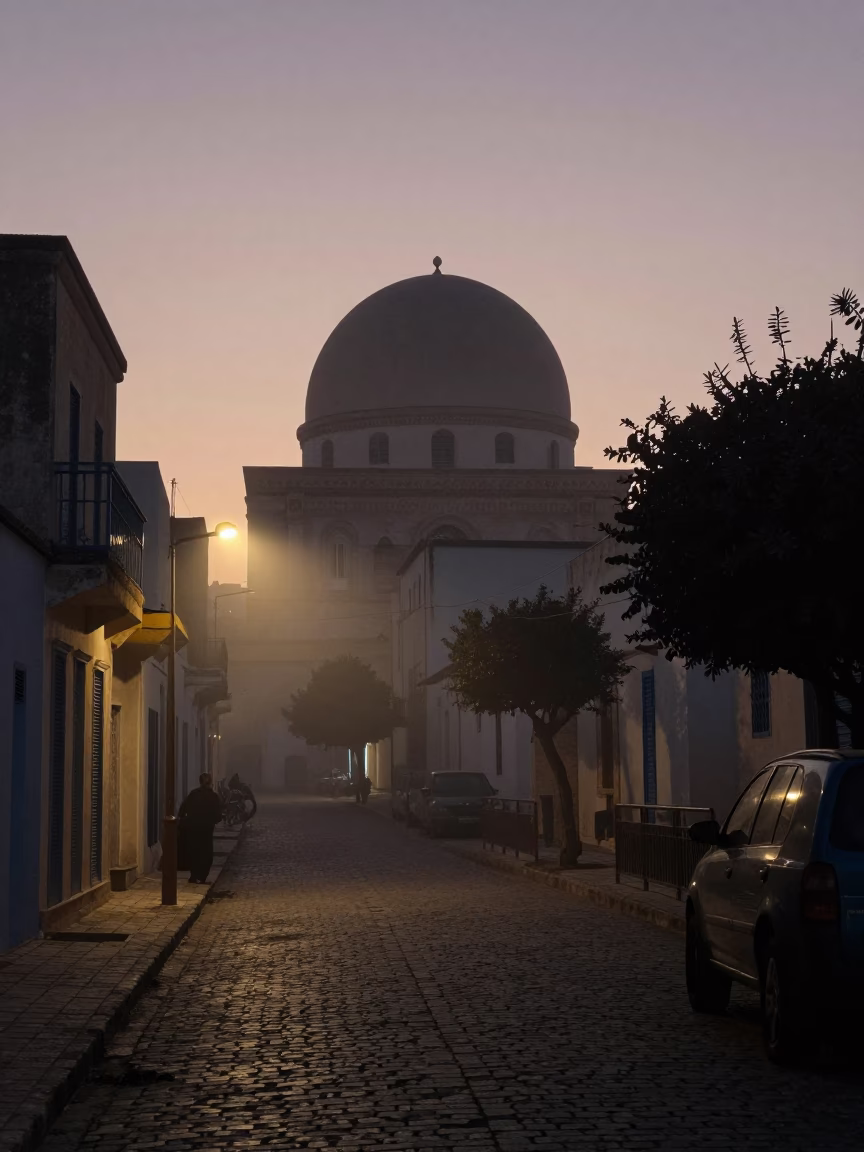 Tunis Dawn Street Scene with Observatory Dome Silhouette Above Ground Fog in in Tunis, Tunisia
