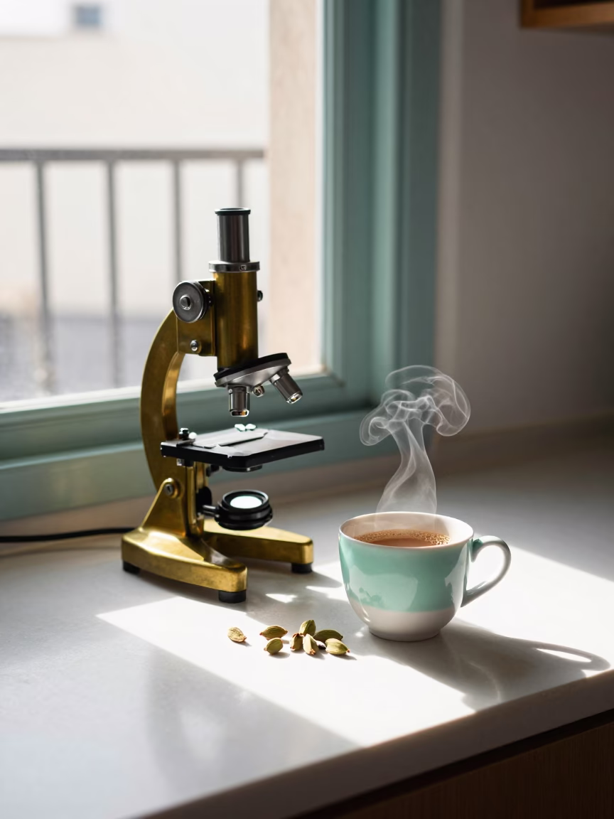 Tunis Kitchen Evening Chai Mint and Vintage Brass Microscope Scene in in Tunis, Tunisia