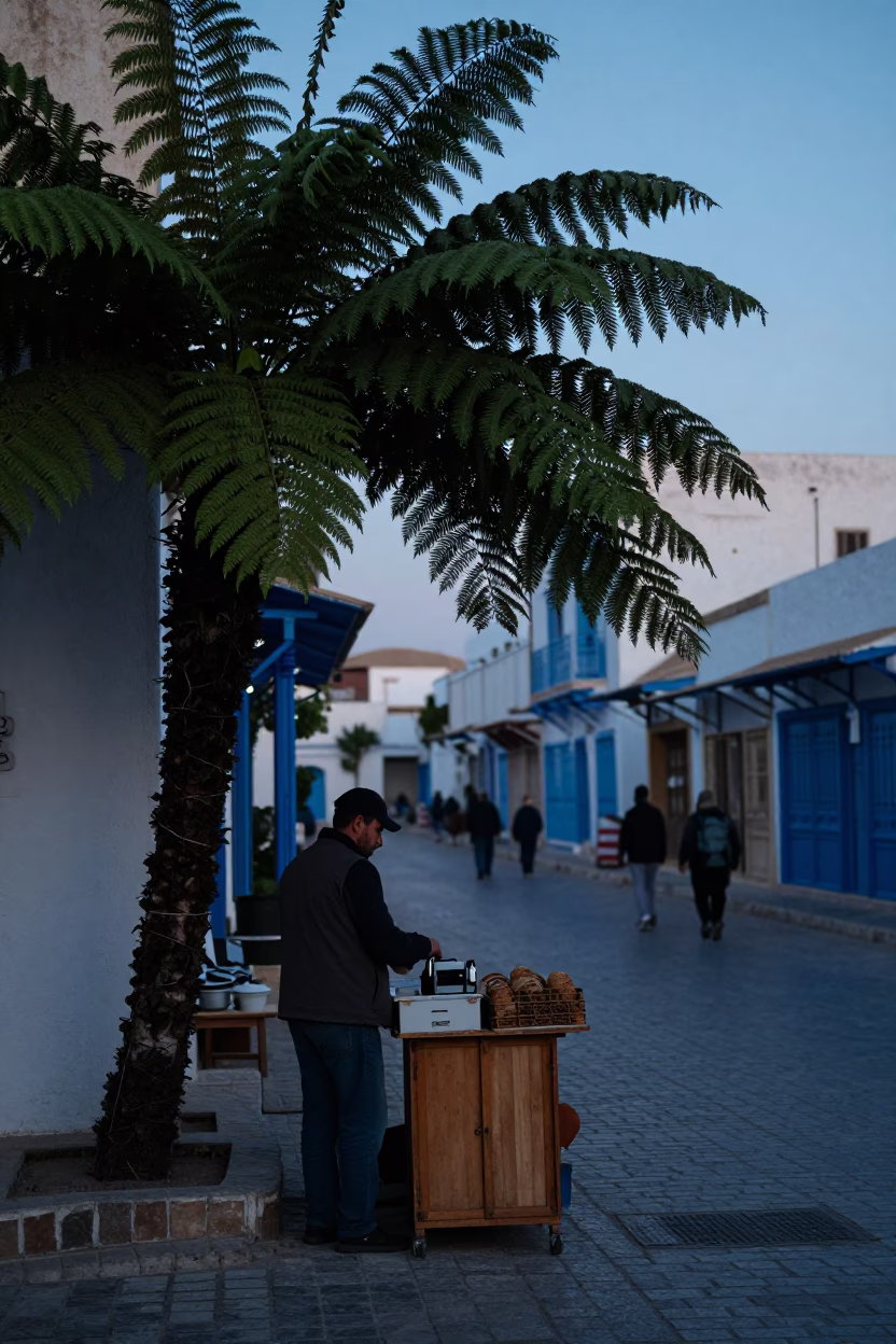 Tunis Market Morning Before Sunrise with Staghorn Fern and Beaded Sandals in in Tunis, Tunisia