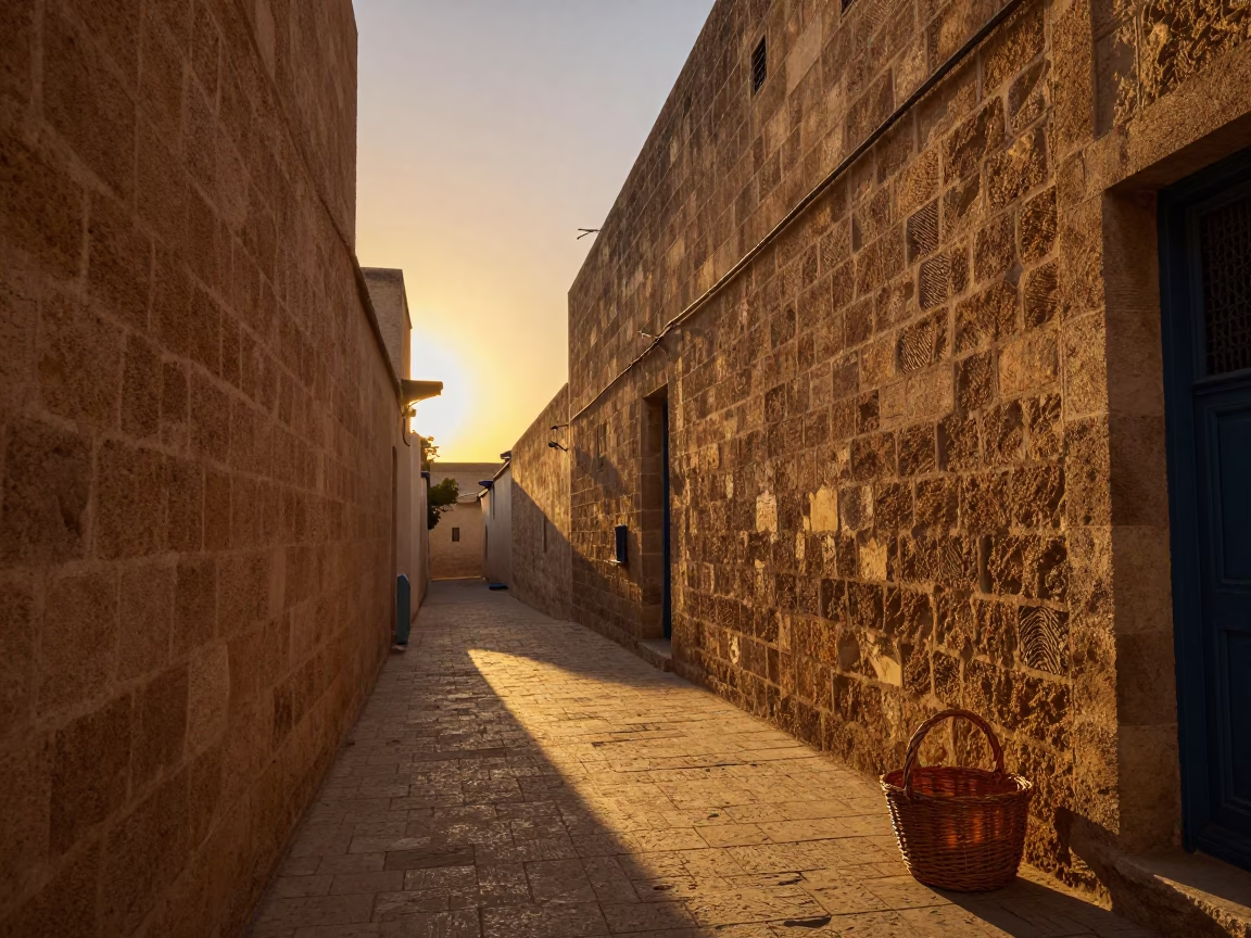 Tunis Medina Alleyway at Dusk with Wicker Basket and Brushed Steel Shelf in in Tunis, Tunisia