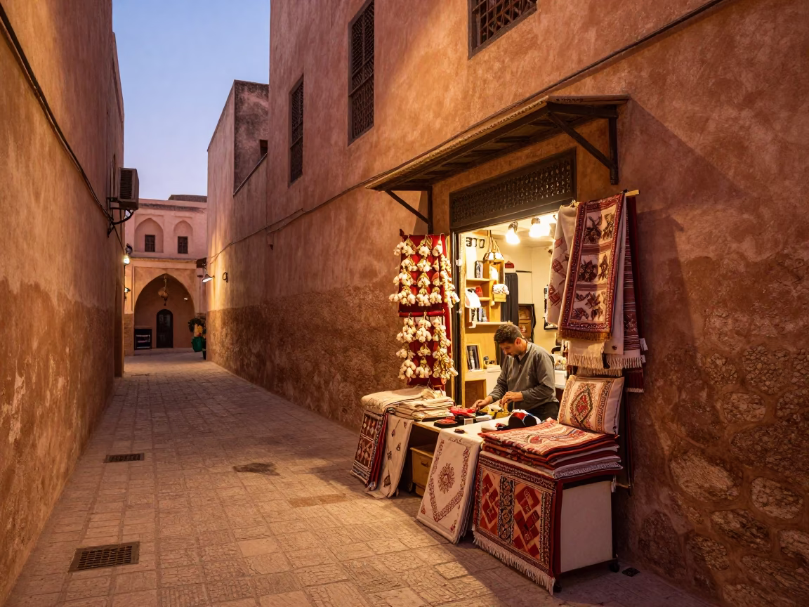 Tunis Medina Alleyway Shopkeeper Displaying Cotton Textiles in Golden Dusk Light in in Tunis, Tunisia