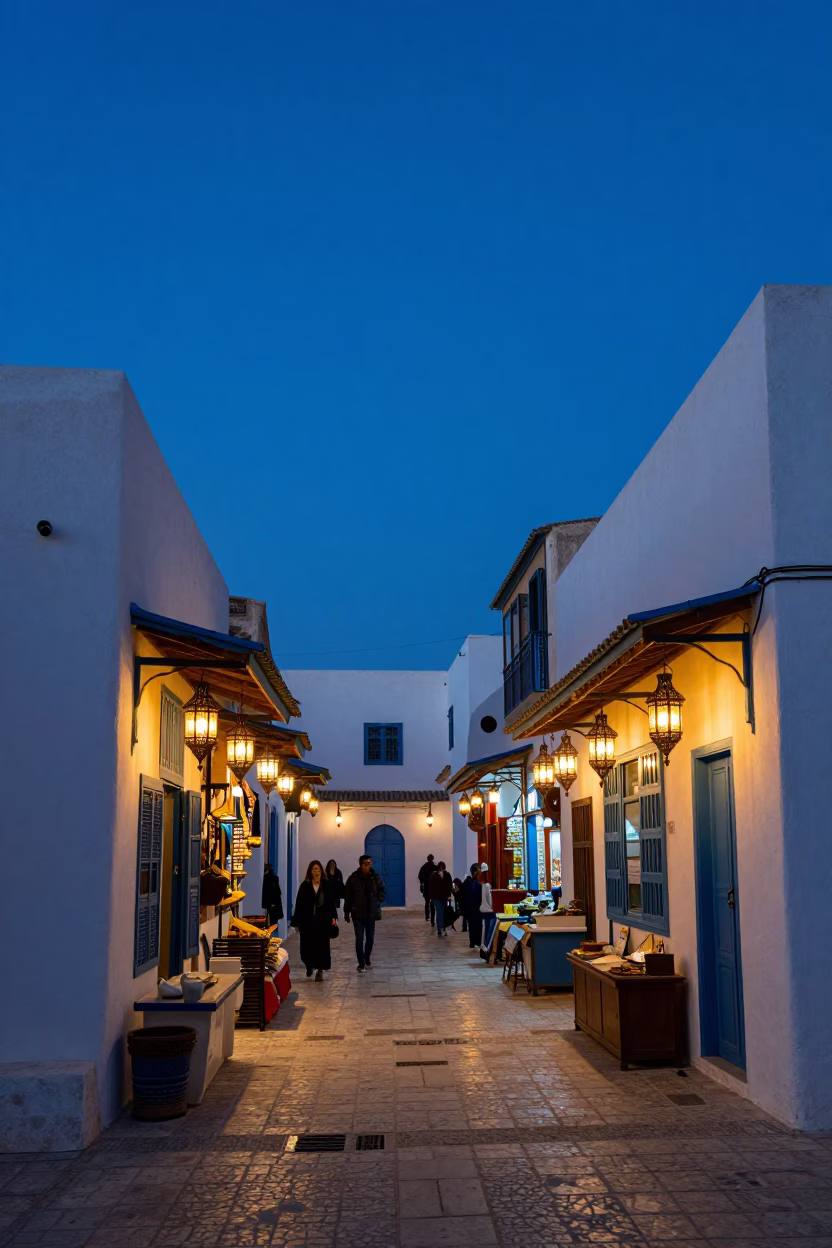 Tunis Medina Lanterns at Blue Hour Street Scene in in Tunis, Tunisia