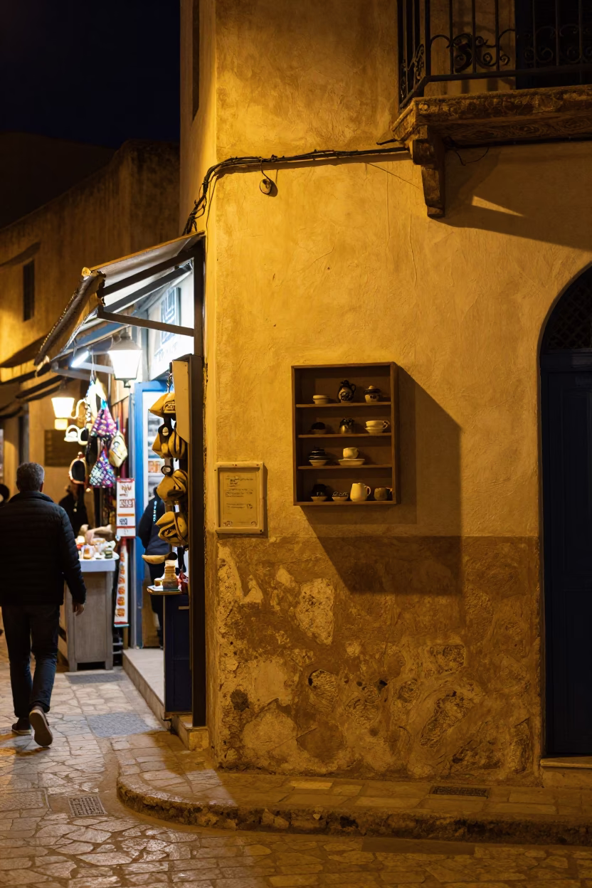 Tunis Medina Night Street Scene with Wall Shelf and Glass Stool Leg in in Tunis, Tunisia
