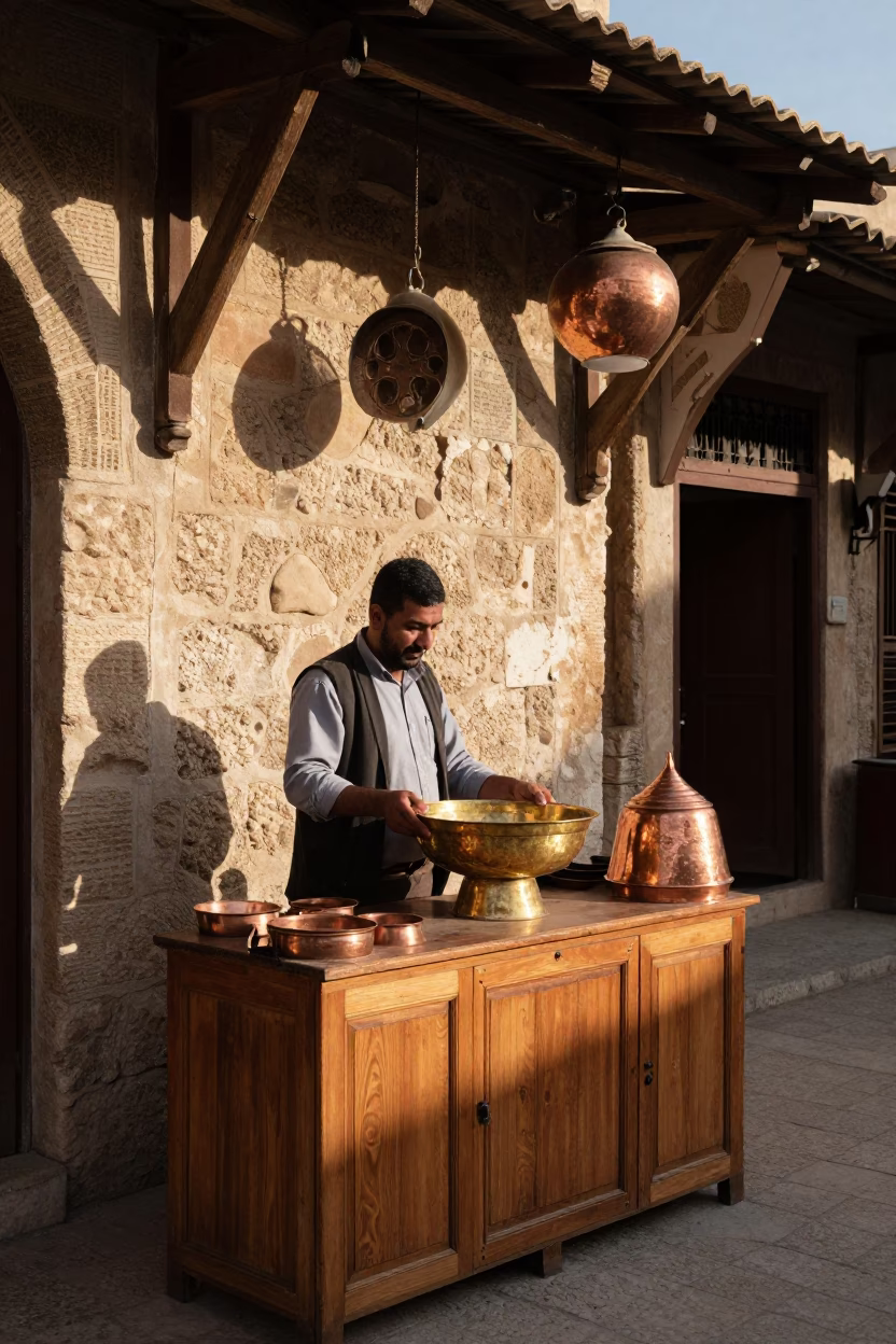 Tunis Medina Souk Stall with Copper Basin and Wooden Spoon in Late Afternoon Light in in Tunis, Tunisia