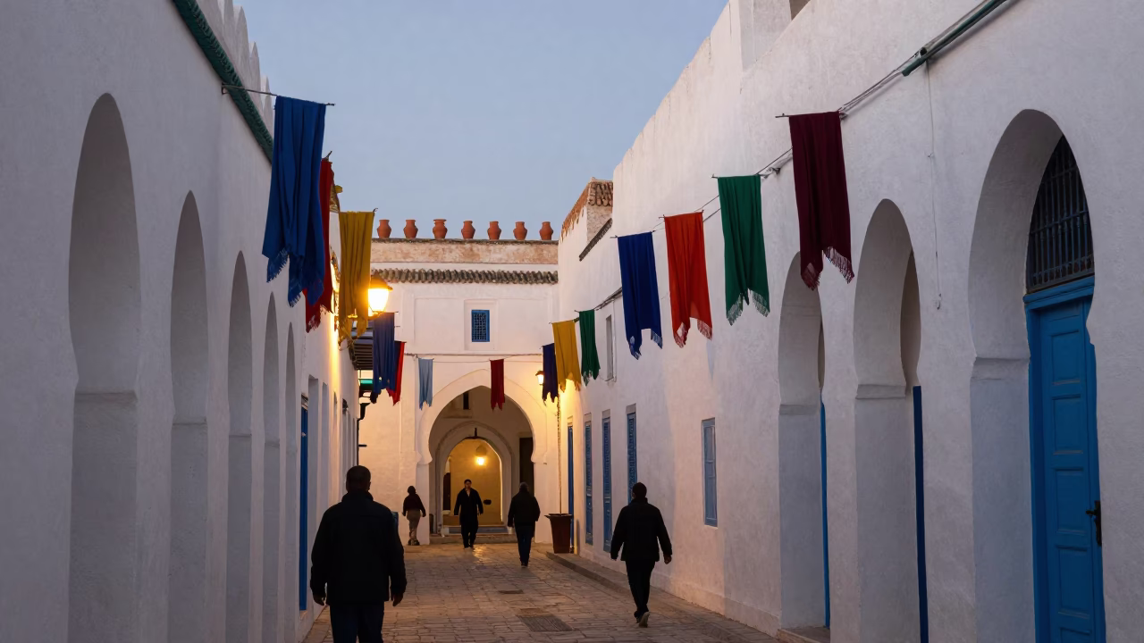 Tunis Medina Street Scene at Dusk with Hanging Scarves and Traditional Architecture in in Tunis, Tunisia