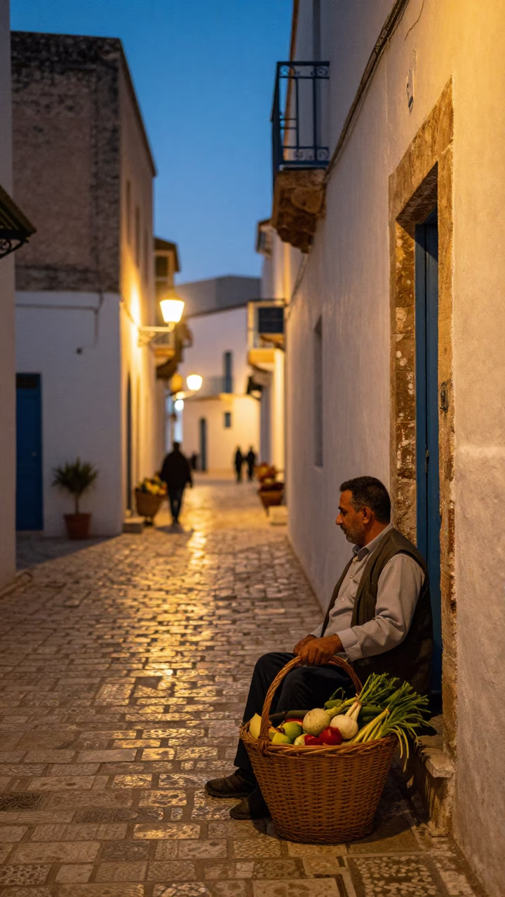 Tunis Medina Street Scene at Dusk with Wicker Basket and Chestnut Tree in in Tunis, Tunisia