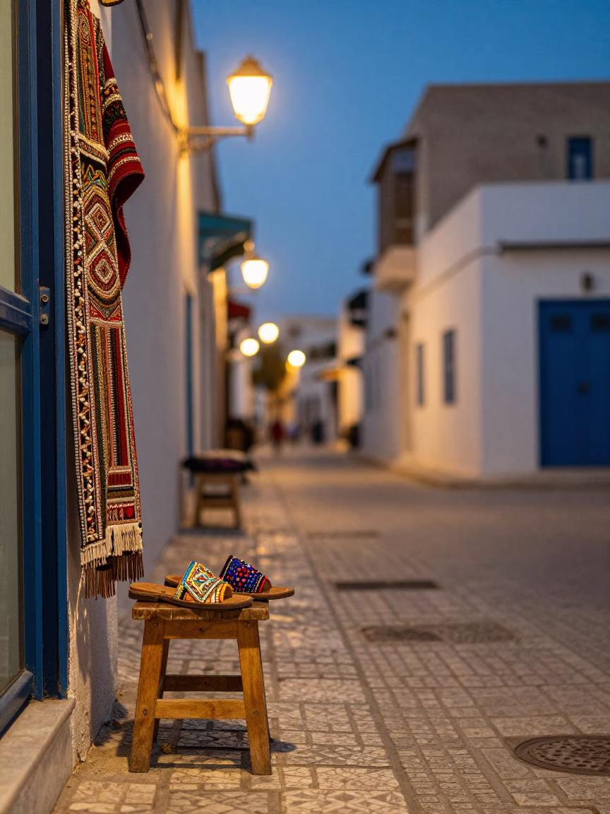 Tunis Medina street scene at twilight with traditional beaded sandals and local commerce in in Tunis, Tunisia
