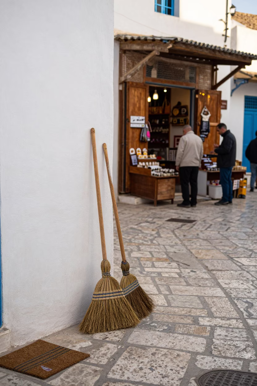 Tunis Medina street scene with brooms and doormat in late afternoon light in in Tunis, Tunisia