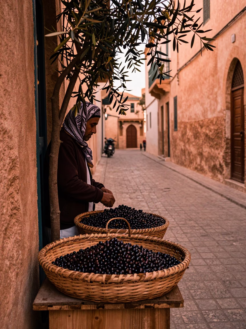 Tunis Medina Street Scene with Olives and Scarf in Copper Dusk Light in in Tunis, Tunisia
