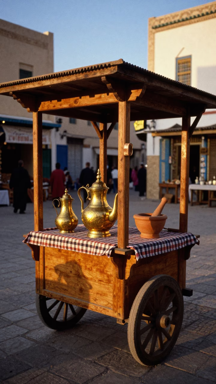 Tunis Medina Tea Stall with Mortar and Pestle in Honeyed Evening Light in in Tunis, Tunisia