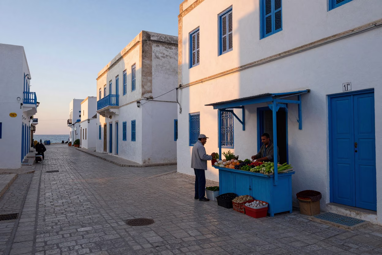 Tunis Nautical Dawn Street Scene with Garlic Press and Substation Puddle in in Tunis, Tunisia