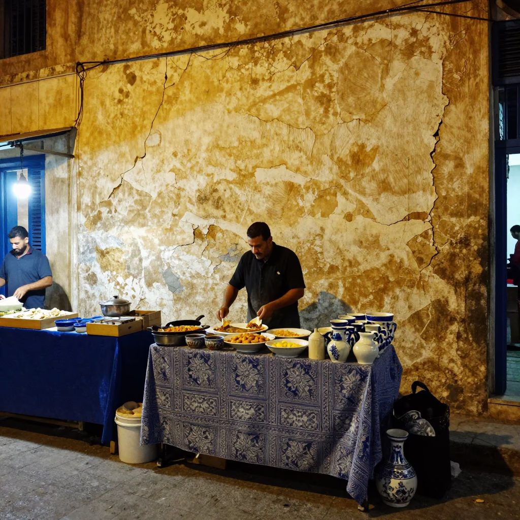 Tunis Night Market Stalls with Cracked Stucco and Ceramic Tile Details in in Tunis, Tunisia