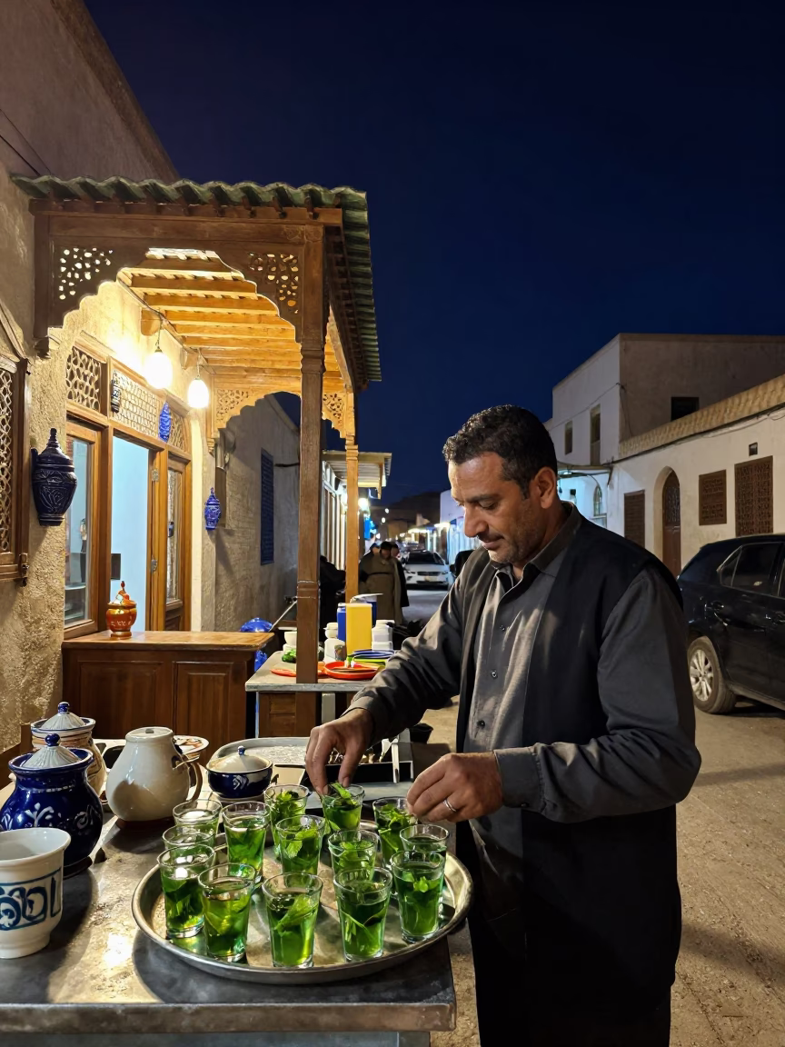 Tunis Night Street Scene with Ceramic Glaze and Local Activity in in Tunis, Tunisia