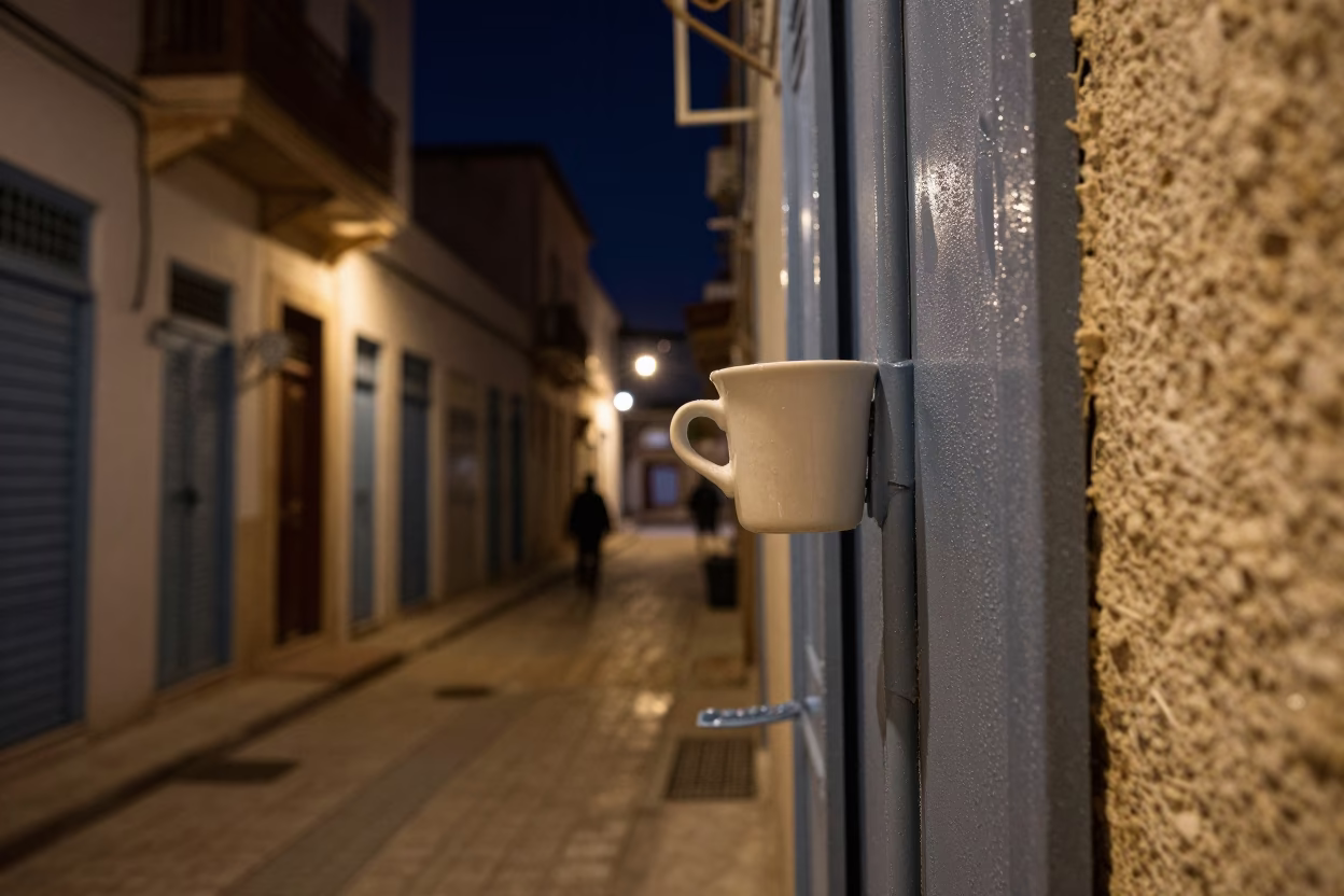 Tunis Night Street Scene with Condensation and Ceramic Cup in in Tunis, Tunisia